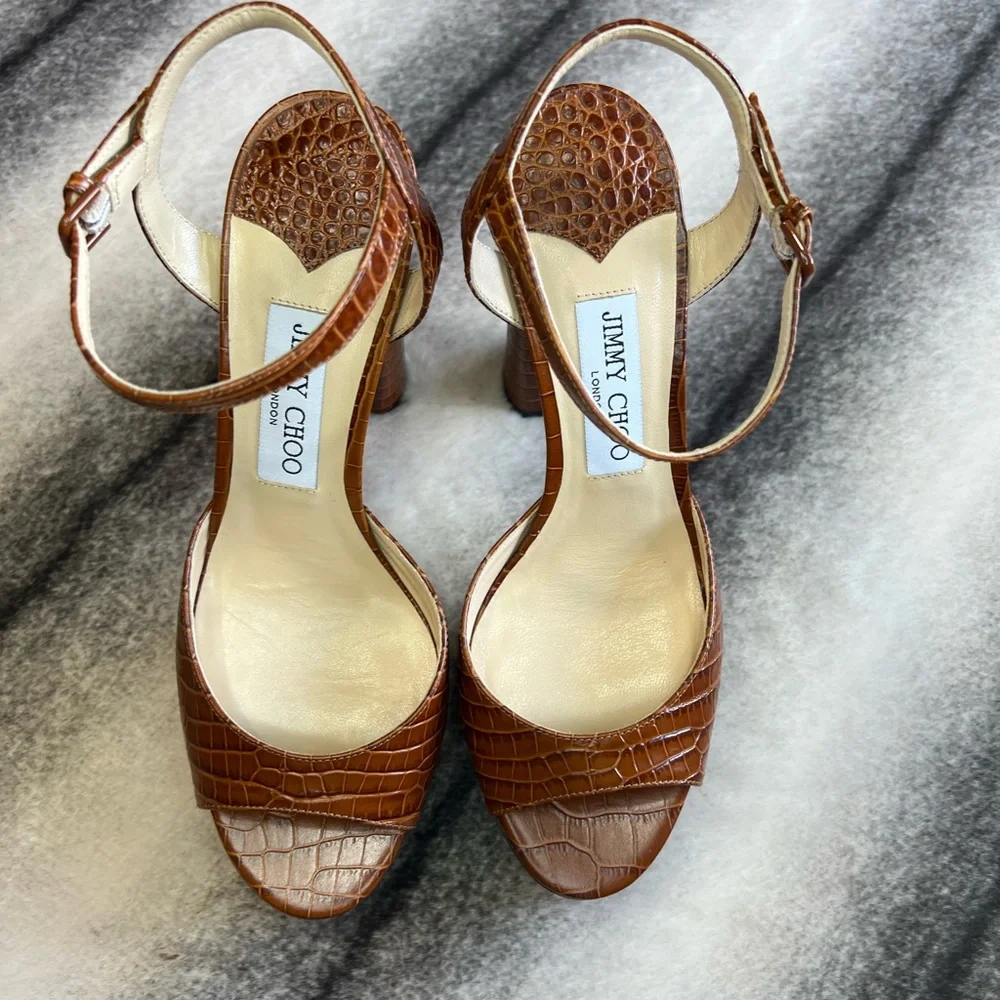 Jimmy Choo Peachy 125 Croc Embossed Leather Platform Sandal Heels